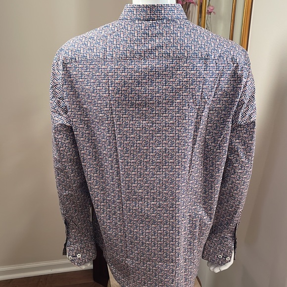 Bugatchi Comfort Stretch Coral/Blue Pattern Shaped Fit Button Down Shirt - Picture 5 of 6